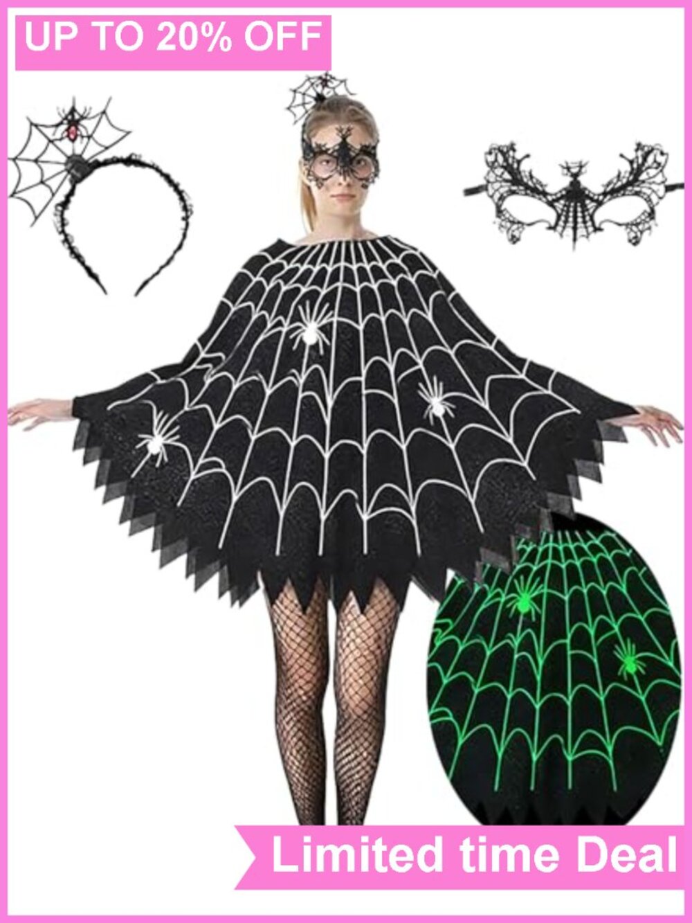 Spider Web Poncho Women's Halloween Costume Set with Headband Mask
